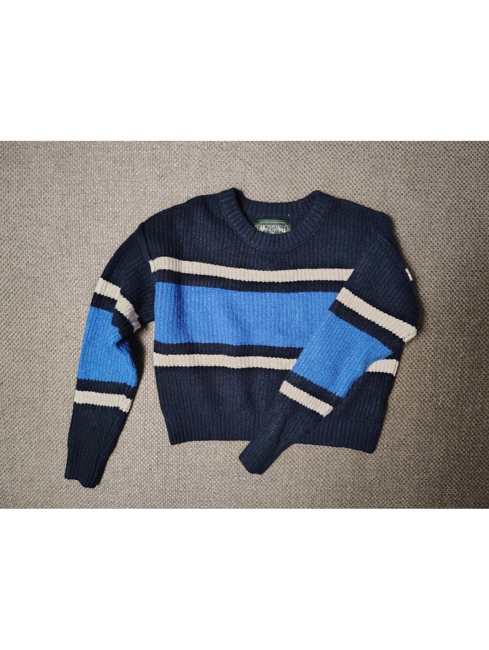 American Eagle Striped Crewneck Sweater Womens XS Crop Ribbed Knit Blue Navy AE